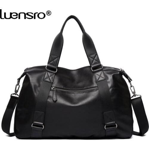 Fashion Men Genuine Leather Travel Bags Large Luggage Bags Men Duffle Bag Overnight Weekend Shoulder Bag Tote Handbag Black