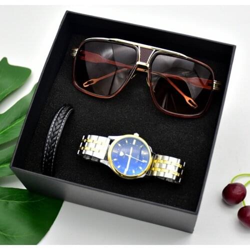 Fashion Men Stainless Steel Quartz Watch Gift Box Set With Brown Sunglasses Leather braided bracelet Sets Gifts For Boy Men’s