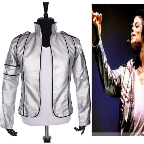 Rare PUNK Rock Motorcycle Casual Classic MJ MICHAEL JACKSON Jacket Silver Leather Costume Heal The World for Fans Best Gift