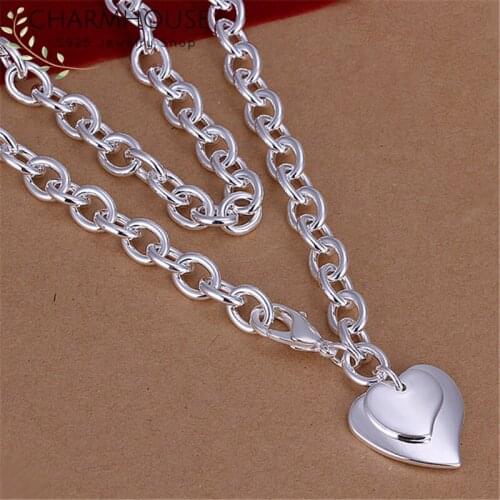 Pure 925 Silver Necklaces For Women Double Heart Pendant Necklace Link Chain Collier Femme Wedding Bridal Jewelry Accessories