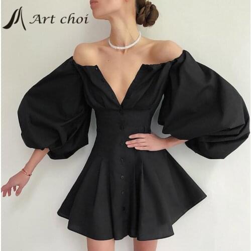 Spring Summer Pleated Dress Sexy Skirt Elegant Women Off Shoulder Lantern Sleeve Vestido Party Ladies Button Bodycon Dresses