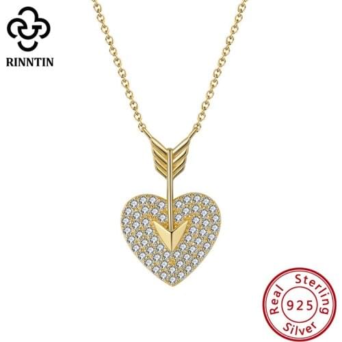 Rinntin 14K Gold Plated 925 Sterling Silver Cupid Arrow Love Heart Pendant Necklaces for Women Sweet Valentines Day Gifts SN283