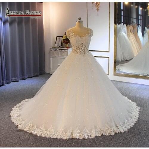 Sexy transparent bodice tulle dress wedding dress with sparkling tulle
