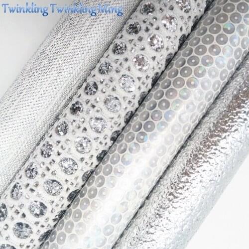 Silver Lace Glitter Fabirc, Leather Fabric, Iridescent Synthetic Leather Fabric Sheets For Bow A4 8"x11"Twinkling Ming XM460