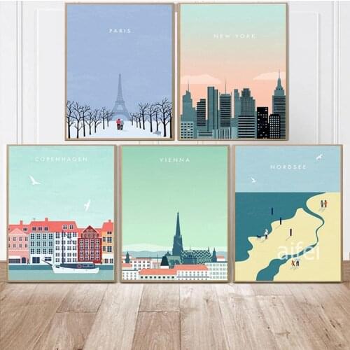 Nordic Cartoon Travel Posters and Prints Paris New York Landscape Canvas Painting Home Decoration Bedroom Wall Art Pictures