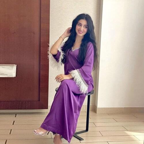 U-CN Eid Abayas For Women Feathers Kaftan Abaya Dubai Turkey Muslim Hijab Dress Islam Vestidos Clothing Robe Musulman Femme