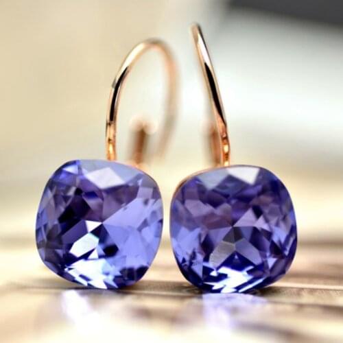Ociki Rose Gold Color Square Purple Blue CZ Crystal Dangle Earrings Jewelry for Women Girls Gift Wholesale Drop Shipping
