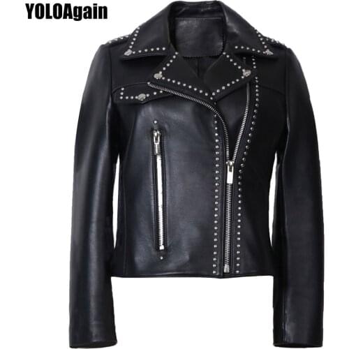 YOLOAgain Women Rivet Collar Genuine Leather Jacket Black Soft Real Sheepskin