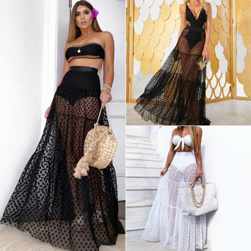 Women Boho Maxi High Waist Sheer Skirt Retro Polka Dot Long Skirts Club Party Summer Beach Sundres