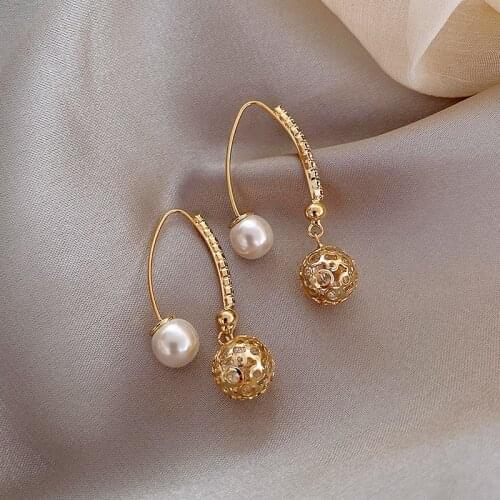 2020 Korean Hot New Simple Simulated Pearl Rhinestone Line Earrings For Women Round Ball Fashion Jewelry Pendientes Mujer Moda