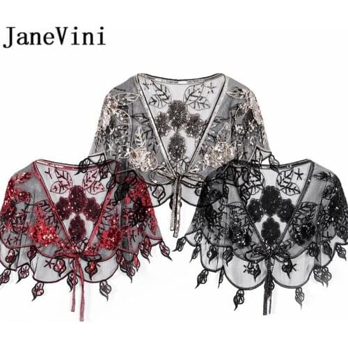 JaneVini Bling Gold Sequin Jacket with Beading Tulle Lady Wedding Capes Wraps Bridal Shoulder Bolero Formal Dress Evening Shawl