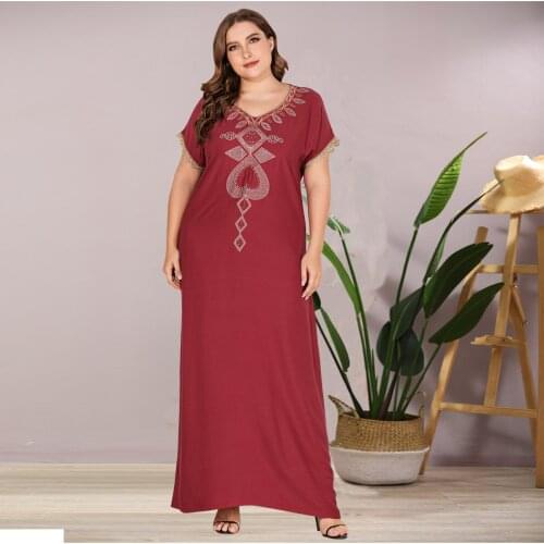 Beading Muslim Abaya Dress Women V Neck Moroccan Kaftan Djellaba Hijab Vestidos Islamic Clothing Short Sleeve Islam Ropa Summer