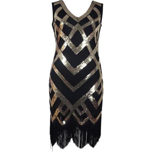 Vestidos Elegantes Vintage A-line Sleeveless Knee-length V-neck Embroidery Stassel Gold Silver Party Summer Dress 9968