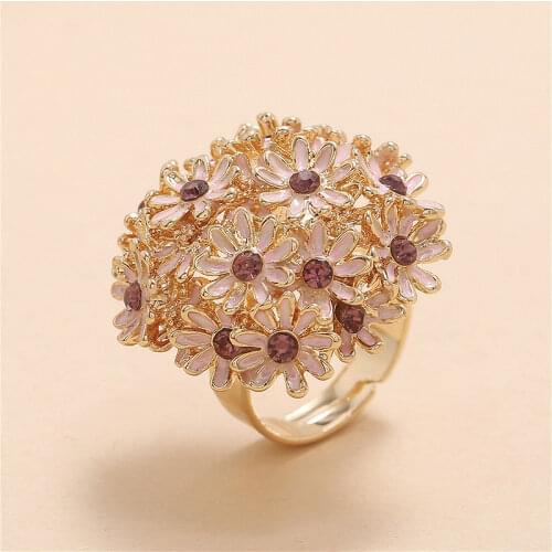 Gold Color Purple Crystal Rhinestone Little Flower Hollow Adjustable Wedding Rings for Women Girls Fashion Jewelry