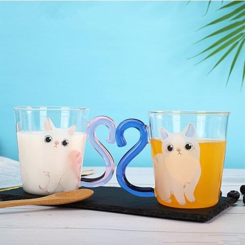 350ML Cute Cat Glass Coffee Cup Juice Milk Tea Mug Pink Blue Cat Tail Handle Cartoon Valentines Day Lover Gifts For Couples