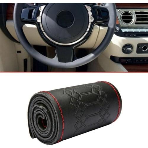 38cm Universal DIY Car Steering Wheel Cover Black Genuine Thread Leather+Red Y8N8