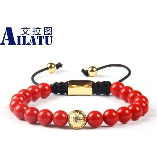 Ailatu Powerful Jewelry Wholesale 8mm Red Beasd Macrame Bracelet Top Quality Customizable Size and Trademark