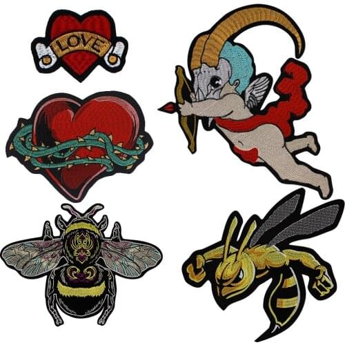 Love Heart Bee Angel Cupid Patches Iron on Clothes DIY Applique Embroidered Badge Stickers Accesories P2059