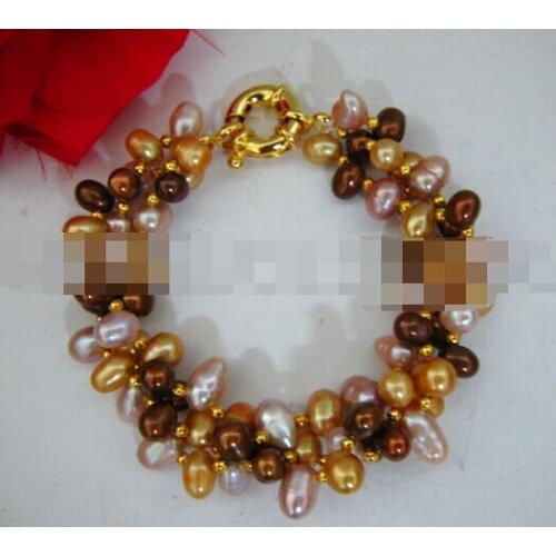 Free shipping 09773 Charming Natural Purple Brown Gold Freshwater Pearl Strand Bracelet