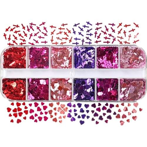 6 Colors 2 Shapes Nail Glitter Flakes Cross Heart Shaped Sequins for Nails Sparkly Holographic Decals Colorful Nail Supplies Tip