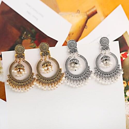 Handmade Big Round Jhumka Jhumki Earrings Women Gold Silver Color India Imitation Pearls Tribal Afghan Egypt Jewelry