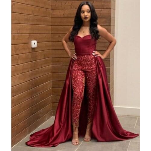 Burgundy Jumpsuits Prom Dresses for Black Girls African Lace Sequined Evening Dress robe de soirée femme Vestidos Graduation