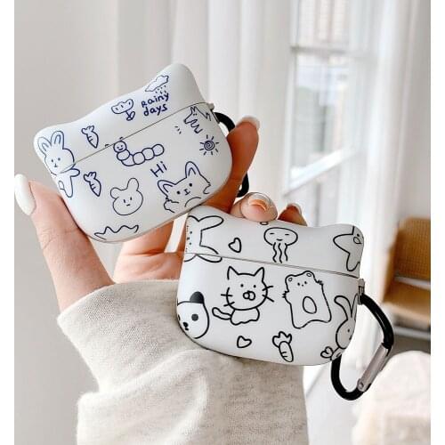 Cat Head Design Earphone Case For AirPods 2 Pro 1 3 Simple Painting Cute Animal Soft TPU Cover Headset Accessories Funda Shell