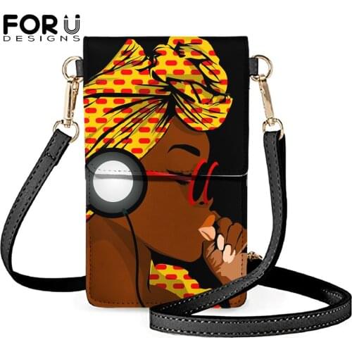 FORUDESIGNS Black Afro Girls Print Womens Mobile Phone Bag Touchable PU Leather Change Bag Mini Messenger Shoulder Purse Female