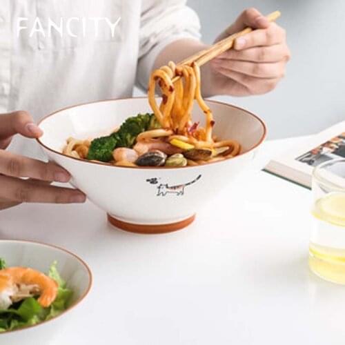FANCITY Meow Fun Japanese Noodle Bowl Household Big Bowl Soup Bowl Single Large Noodles Instant Noodle Bowl Hat Horn Bowl