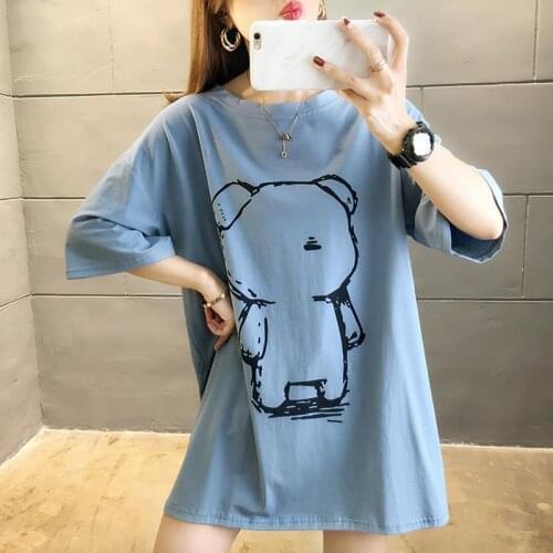 Large Size Cotton T shirt Long Style Cartoon Cute Bear Tees Short Sleeve Shirt Summer Fashion Oversiz Tops holiday tshirt Female