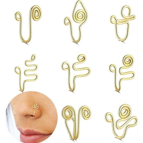 2Pcs Surgical steel Punk Gold Color Clip Nose Ring Ear Clip Cuff Body Jewelry Wire Spiral Fake Piercing Nose Ring