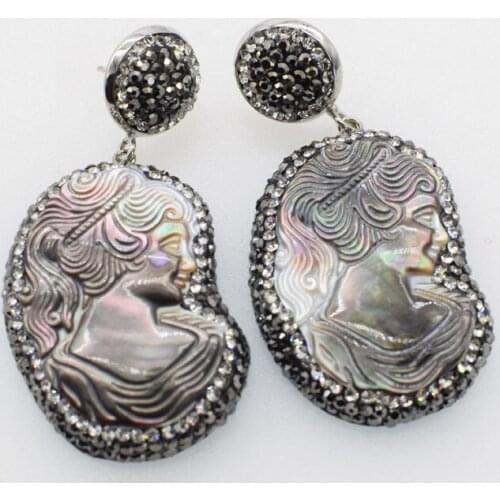 Beauty woman carved head sea shell zircon hook earrings FPPJ wholesale beads nature 45mm
