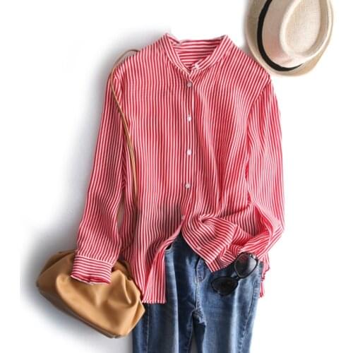 2020 Fashion Real Silk Striped Shirt 100% Mulberry Silk Long-sleeve Mandarin Collar Blouse M L XL Free Shipping