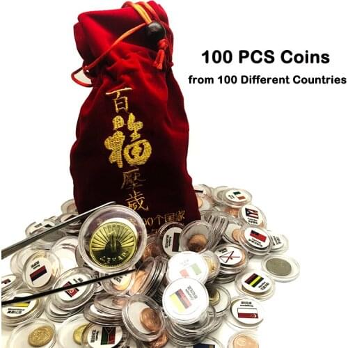 100 PCS Coins from 100 Different Countries Pack In Red Bag For Gift Collection World Original Coin With Flag Souvenir