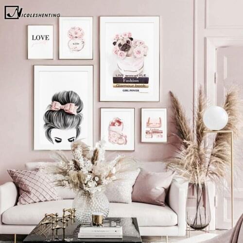 Pug Dog Female Face Fashion Poster Canvas Art Print Pink Perfume Books Makeup Picture Salon Beauty Painting Living Room Decor
