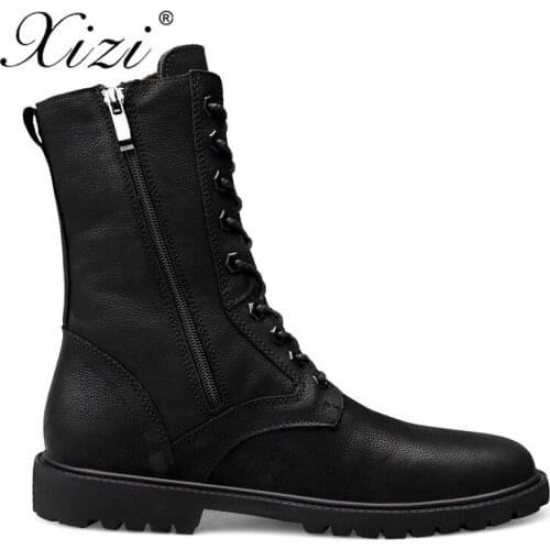 XIZI Men Motorcycle Boots Vintage Combat Boot Winter Fur 2018 New Cow Split Leather Waterproof Buckle Military Boots Men Shoes