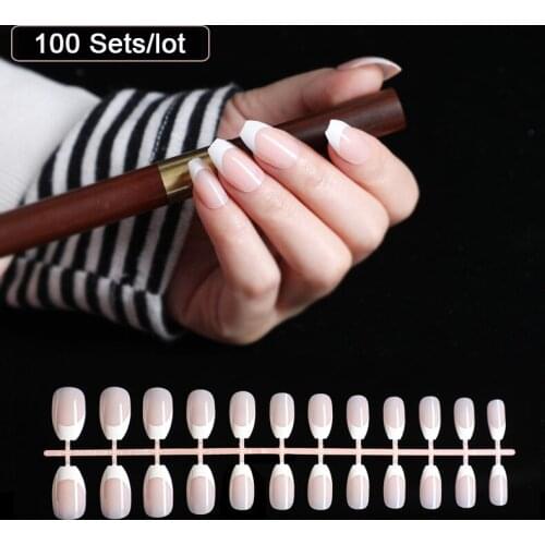 1 lot= 100 kits Clear Nude French Nails Short Size Square White Fake Nails Laidy Finger Decoration Daily Wear 2400pcs