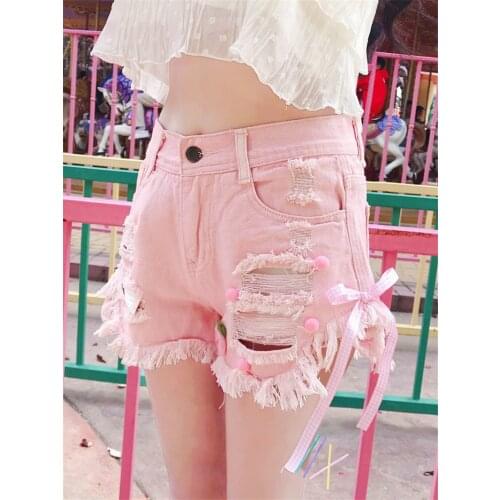 Summer Short Jeans Women Korean Style Cute Sexy Ripped Denim Shorts Harajuku Kawaii Casual High Waist Tassel Hole White Shorts