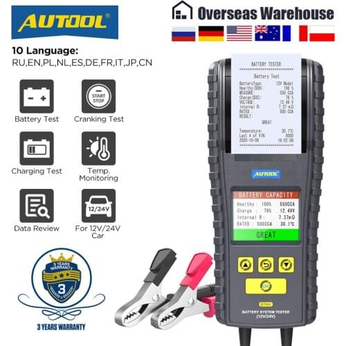 AUTOOL BT860 12- 24V Car Battery Tester with Printer & Real Time Temperature Monitoring 3.2inch Color Screen Battery Tester Tool