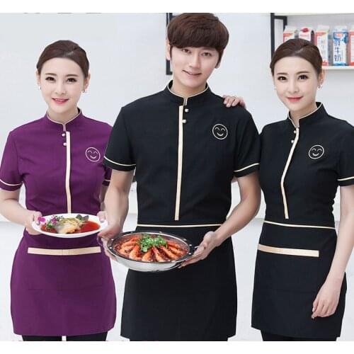 Free Shipping Cafe Shop Work Clothing 2019 Summer New Short Sleeve Waiter Uniforms+Apron Set Smile Face Waitress Cheap Shirt