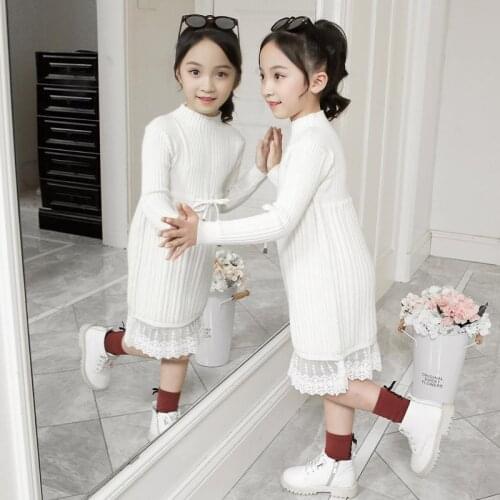 2020 Spring Autumn New Kids Girls Sweater Dress Children Lace Stitching Knitted Dress Teen Girls Long Sleeve O-Neck Dresses K227