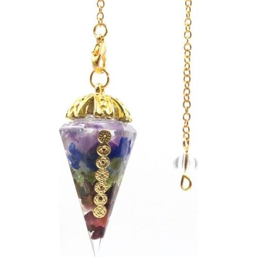 YJXP7 Chakra Reiki Charm Orgonite Pendulum Natural Stone Rainbow Dowsing Healing Point Pendant Chain Pendulum Gifts