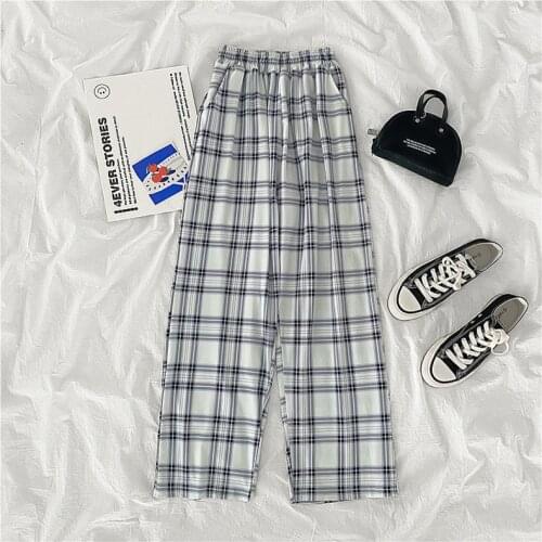 New Korean style loose all-match elastic waist casual plaid trousers women