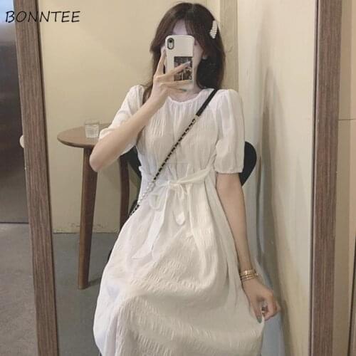 Short Sleeve Dress Women Mid-calf Girlish Elegant Solid Holiday Belt Lovely Korean Style Retro Casual Trendy Female 2021 Newest