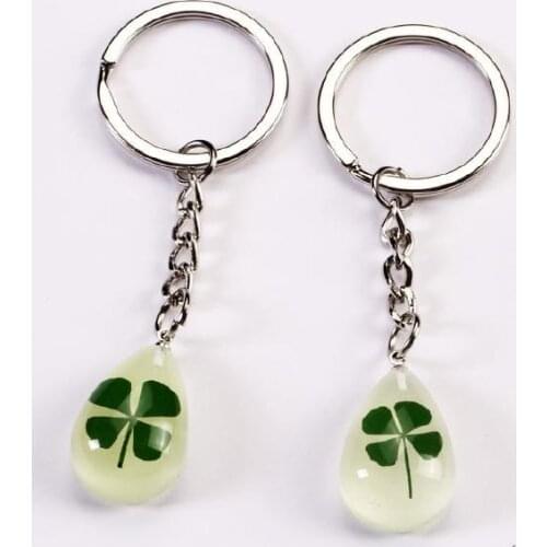 Free shipping 20 pcs key ring real green shamrock glow teardrop four leaf clover fine keychain
