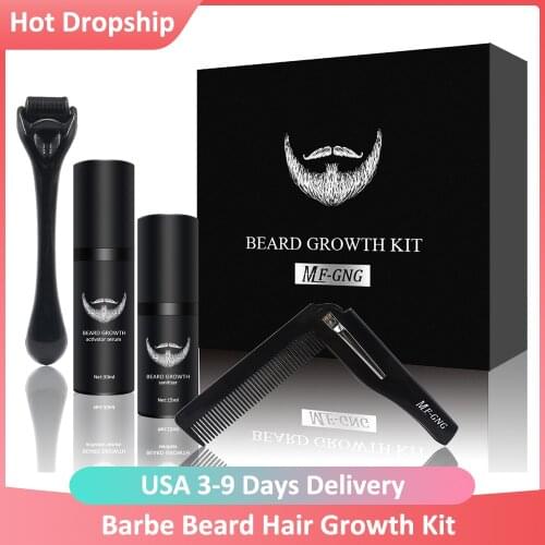 4Pcs/set Barbe Beard Growth Kit Hair Growth Enhancer Set Essentital Oil Facial Beard Care Brush Set Product Best Gift for Men