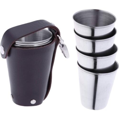 4pcs/set Stainless Steel Wine GlassTravel Outdoor Shots Set Mini Glasses Drinking Cups Wine Beer Whiskey Mug + Leather Key Chain