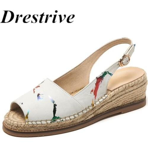 Drestrive Women Sandals Cow Leather Wedges Peep Toe Buckle 2021 Summer Fashion High Heel Shoes Platform Full Genuine Leather