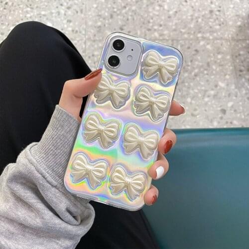Ins Stereo Cream Bow for IPhone 11/12promax 7/8plus Mini Mobile Phone Case for IPhone XSmax Xs Xr X Soft Cover