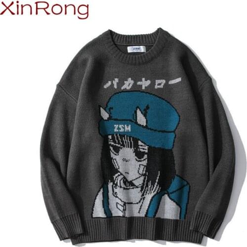 Male tide brand round neck two-dimensional cartoon character jacquard sweater Harajuku style couple trend loose pullover sweater